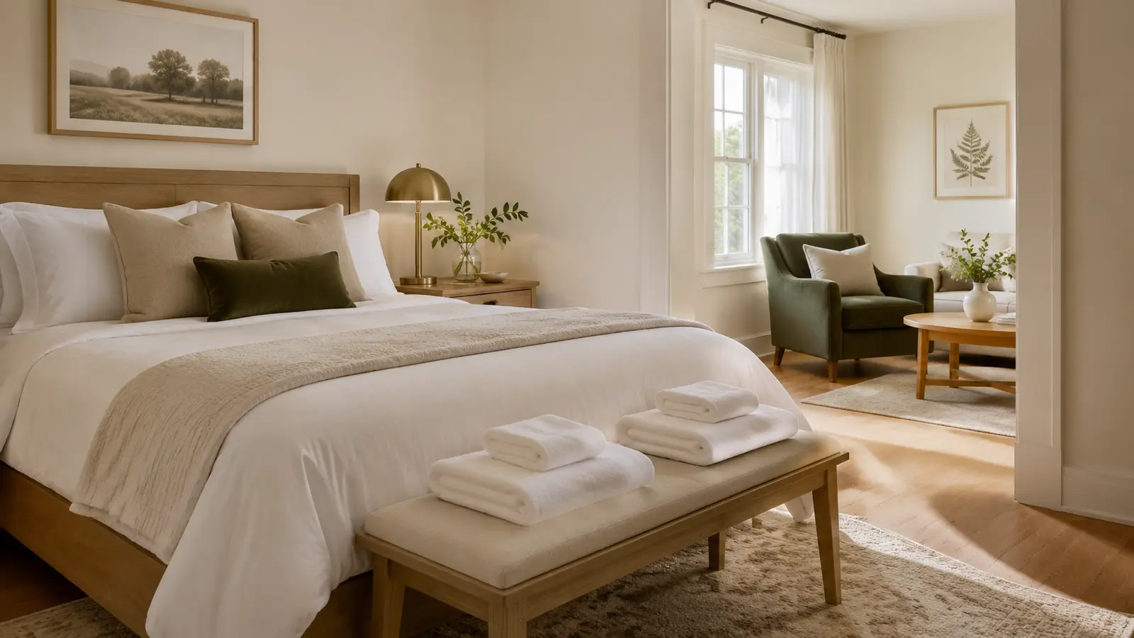 Guest-ready bedroom with fresh linens and neatly folded towels
