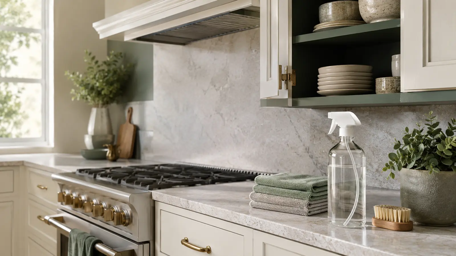 Kitchen cabinet and countertop prepared for detailed deep cleaning