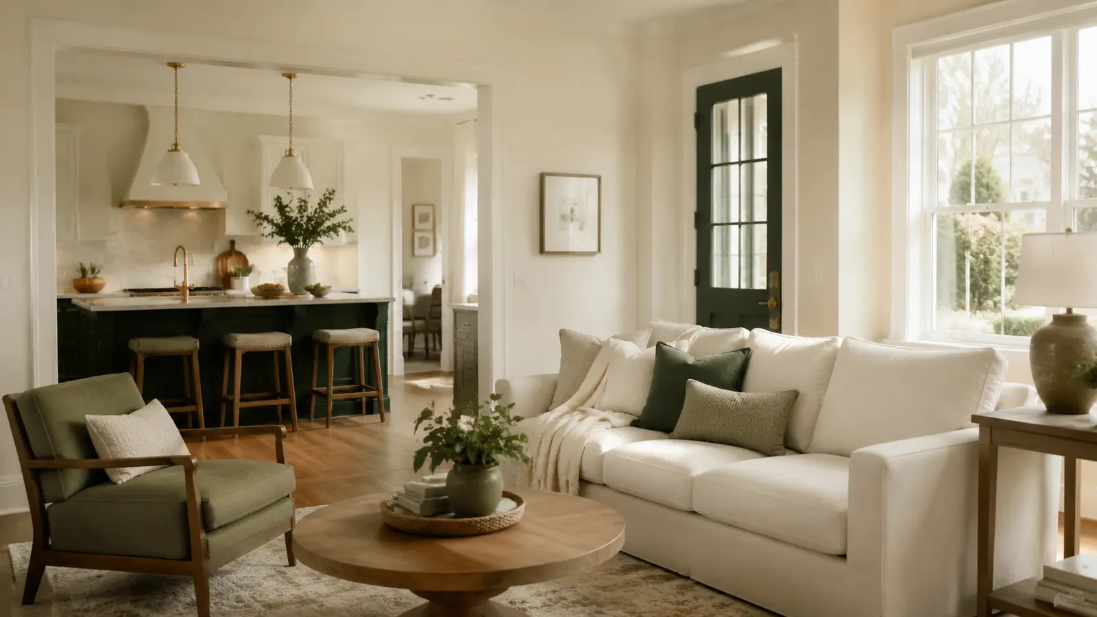 Bright ivory living room and forest-green kitchen in a clean Maryland home