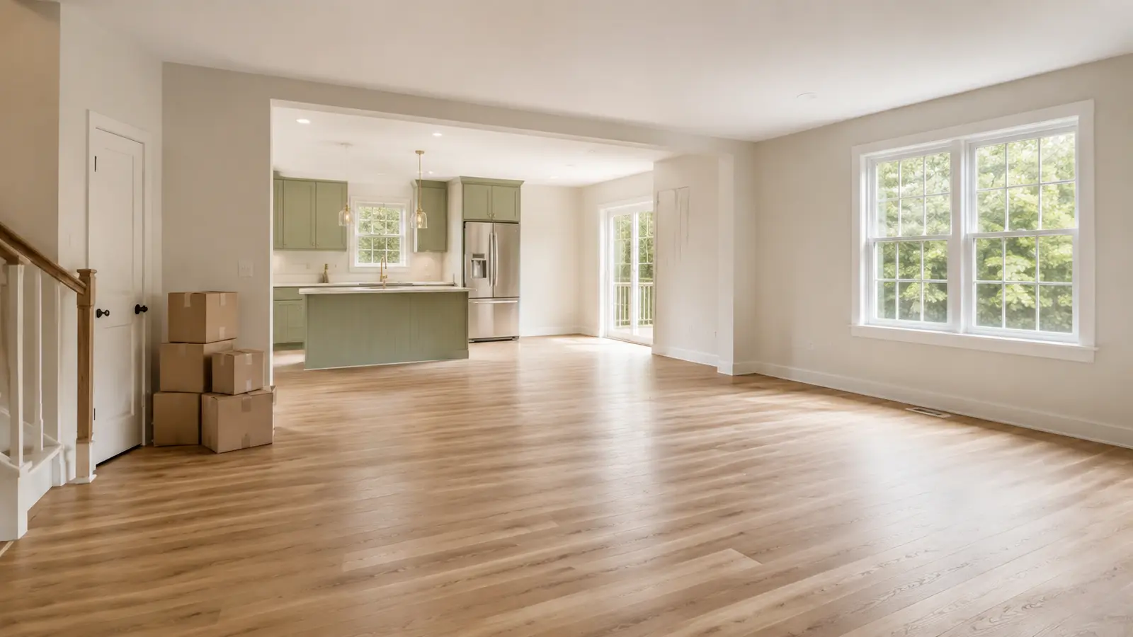 Clean empty townhome interior with moving boxes ready for a handoff