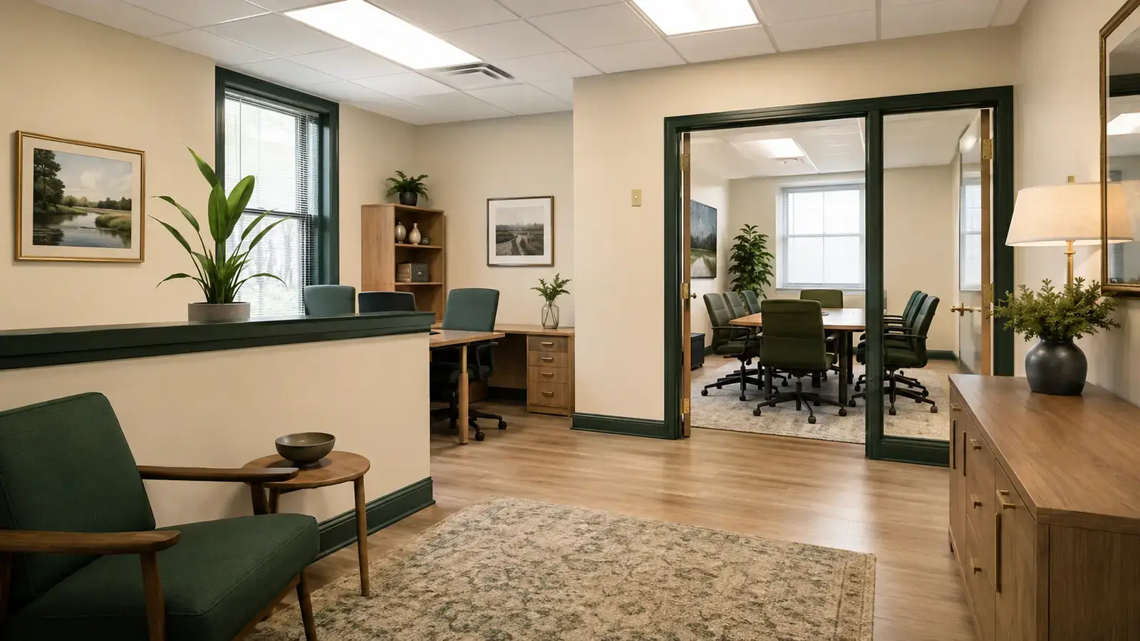 Clean professional office suite with reception desks and conference room