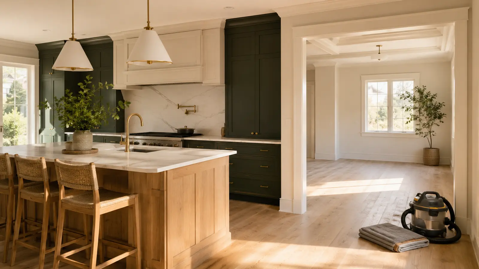 Finished renovated kitchen with final-cleanup equipment nearby