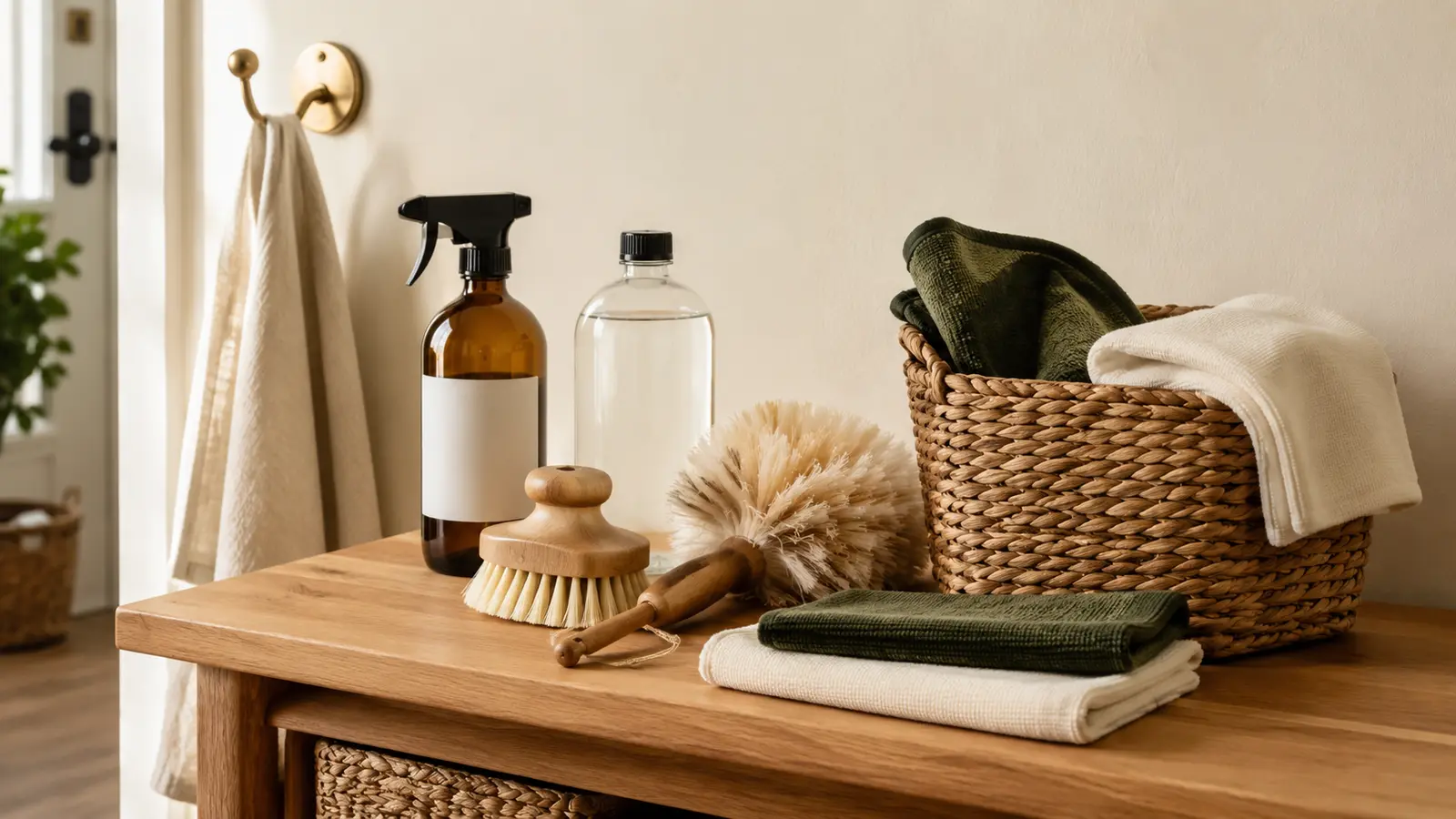 Unbranded cleaning supplies and forest-green cloths arranged on an oak bench