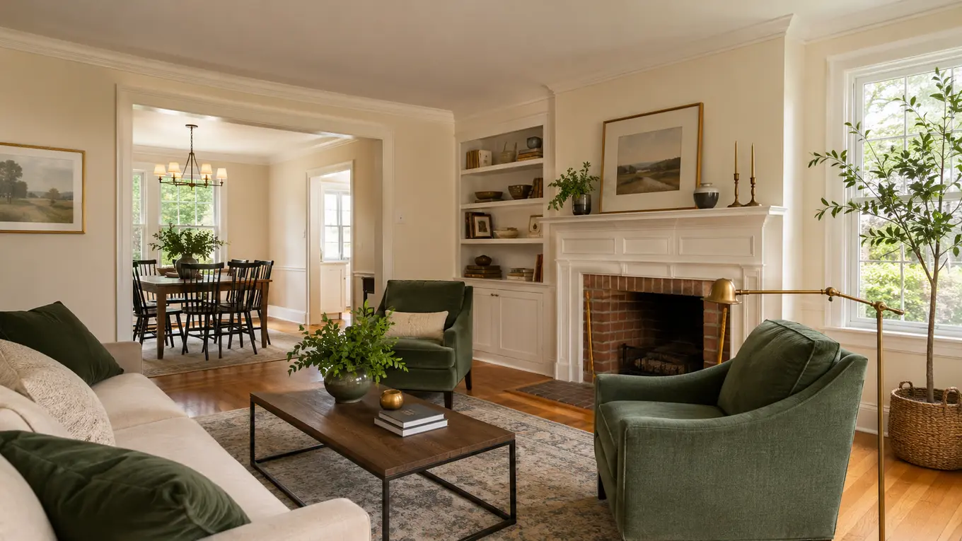 Clean traditional Maryland living room with classic trim and oak floors